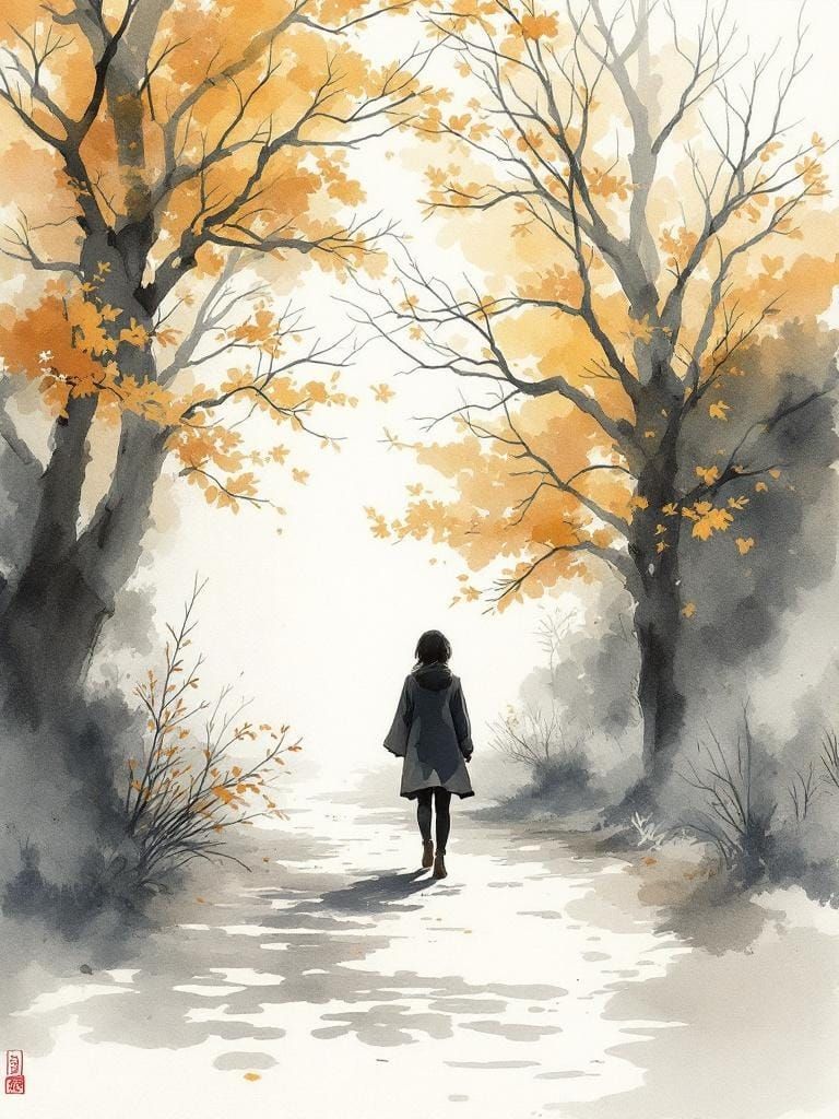 Meditative Sumi-e Watercolor Wash: Quiet Street Scene