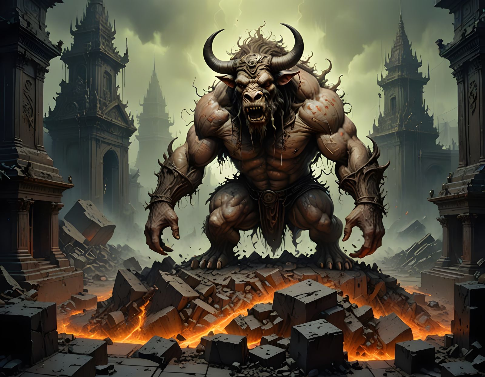 Mythical Minotaur in Ancient Temple Sanctuary