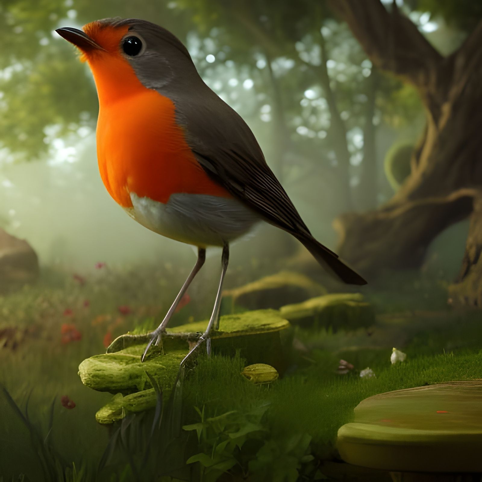 Hyperrealistic Robin Bird in Garden Scene