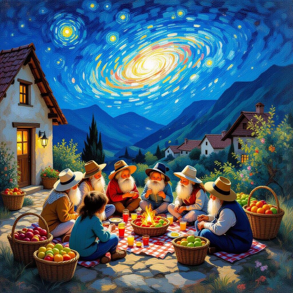 Nature Spirits' Starry Night Picnic, as Pointillist Painting