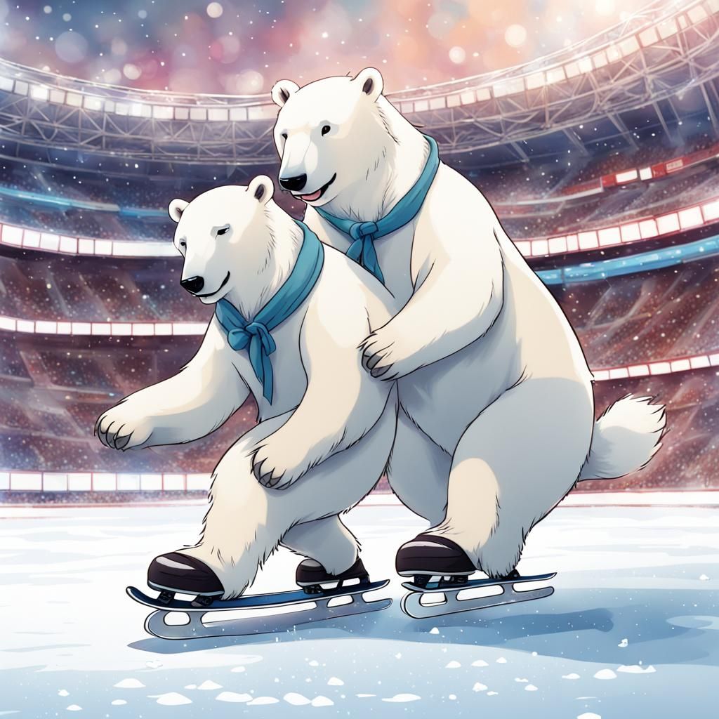 Polar Bears Ice Skating at Winter Olympics in Anime Style