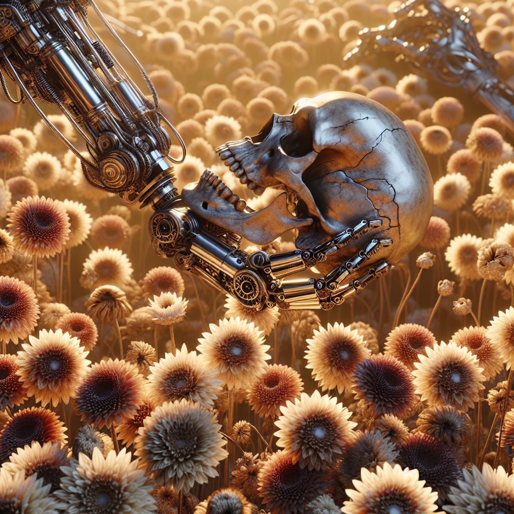 Robotic Arm Holding Skull Among Dead Flowers
