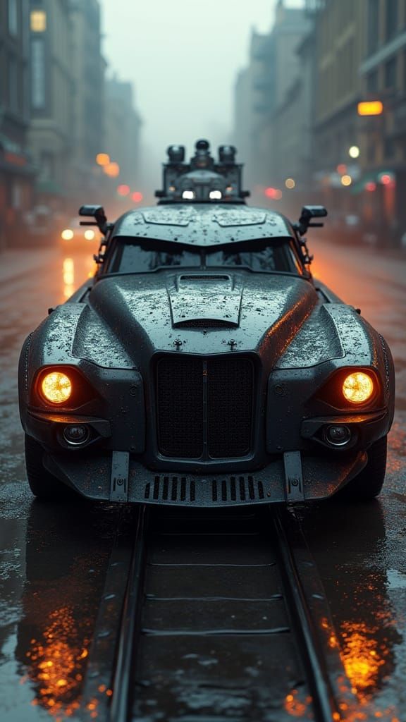 Armored Dodge Challenger Train Hybrid in Cyberpunk Style