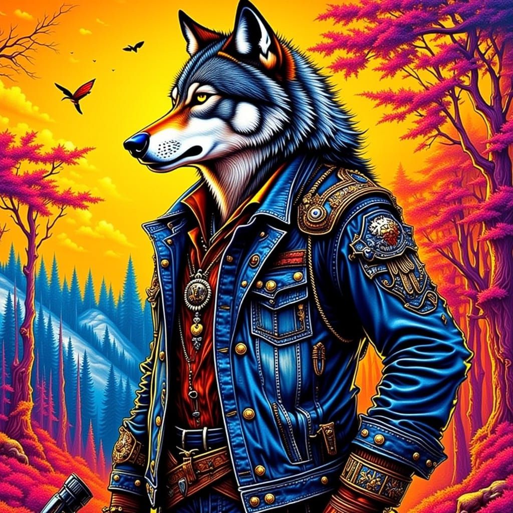 Wolf in Denim Jacket in Pop Art Landscape