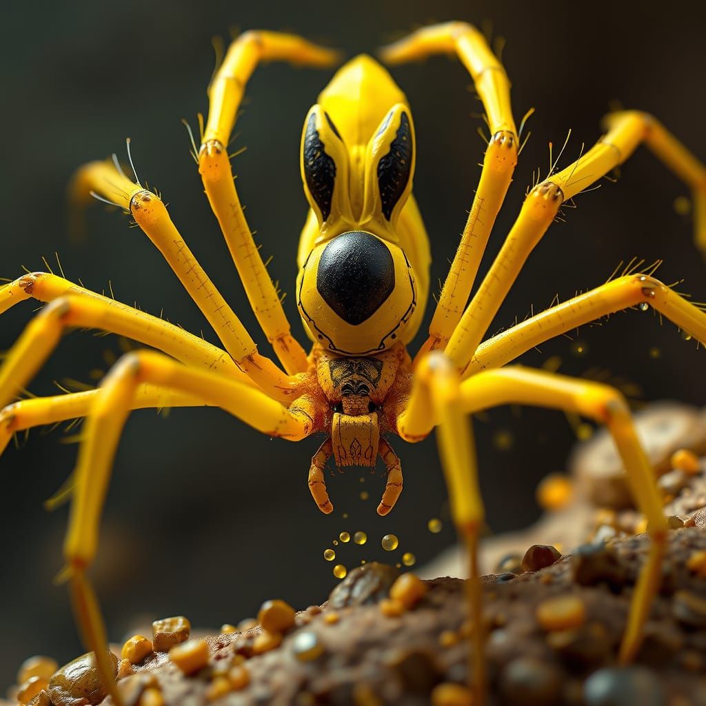 Surreal Yellow Spider with Fantastical Bunny-Like Appendage