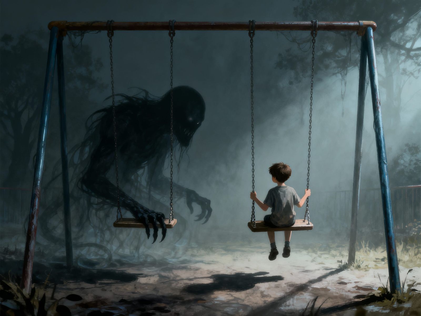 Boy and Monster on Swings, Unsettling Art Style