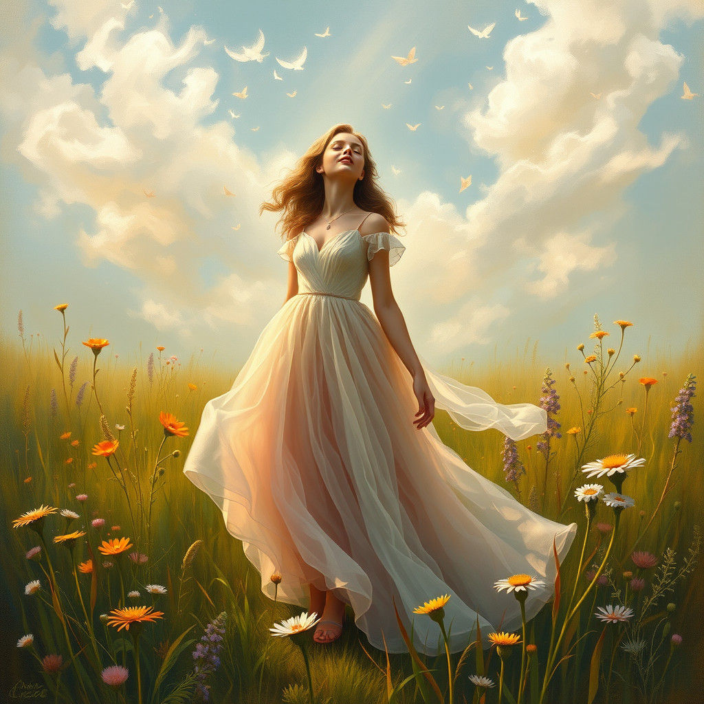 Pastel Woman Singing in Lush Meadow as Oil Painting