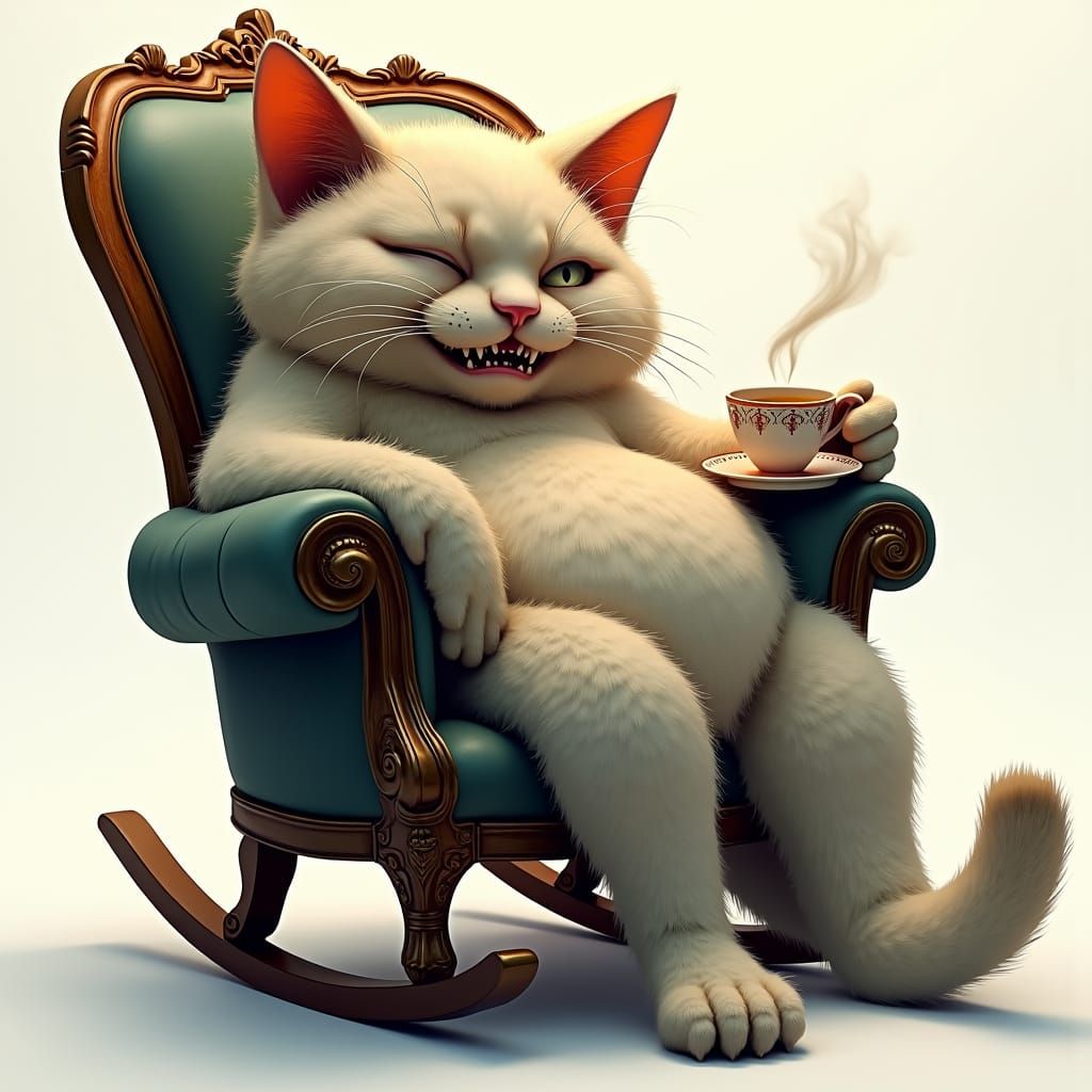 Serene Mutated Cat Drinks Tea in Comic Style
