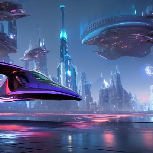 Futuristic City with Flying Cars in Detailed Matte Painting