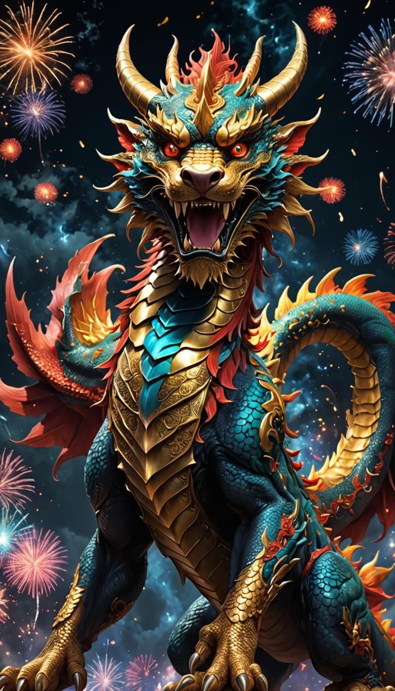 Epic Chinese Dragon in Fireworks Night Sky