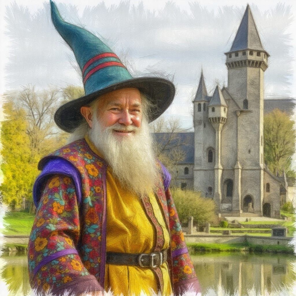 <lora:GazSketchPencils:1.0> pronounced Coloured Pencil Fantasy, magical gnome in medieval clothing