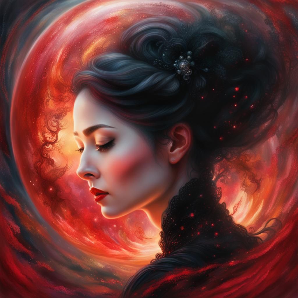 Ethereal Woman in Crimson Sphere: Mystical Realism