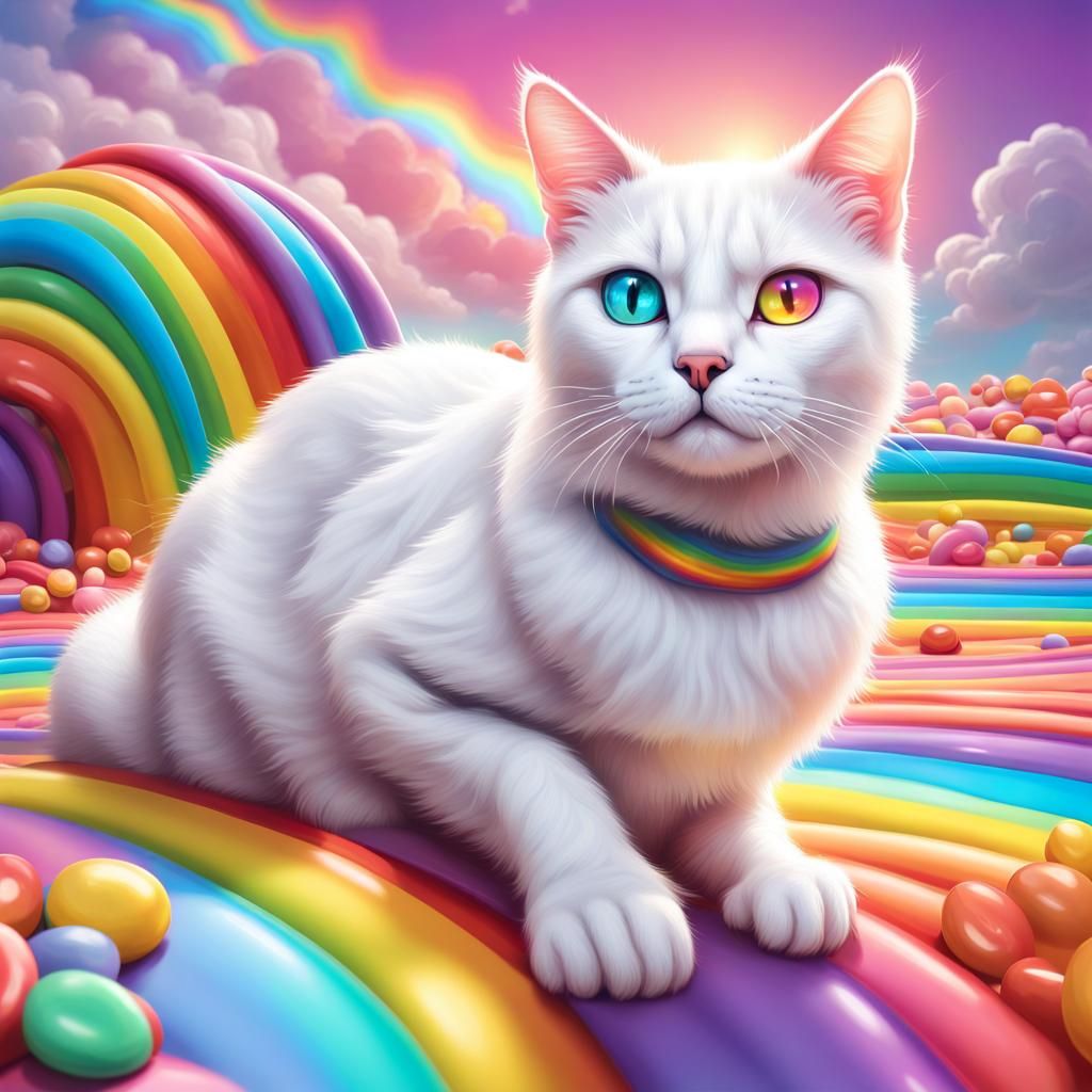 Rainbow-Eyed Cat Walks on Rainbow in Candyland Style