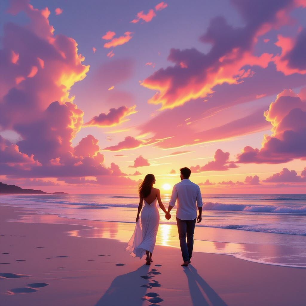 Couple Gazing at Sunrise Sky on Pink Beach