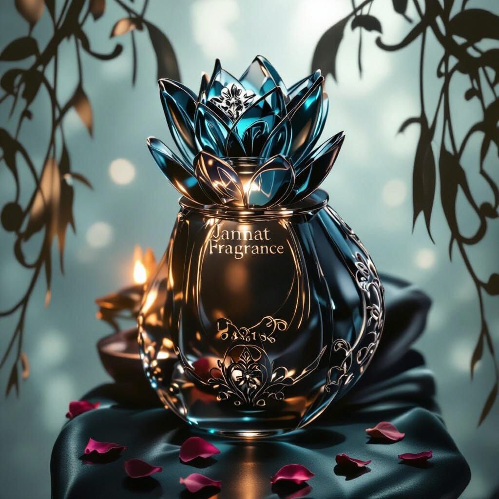 Azure Lotus Perfume Bottle with Silver Filigree Accents