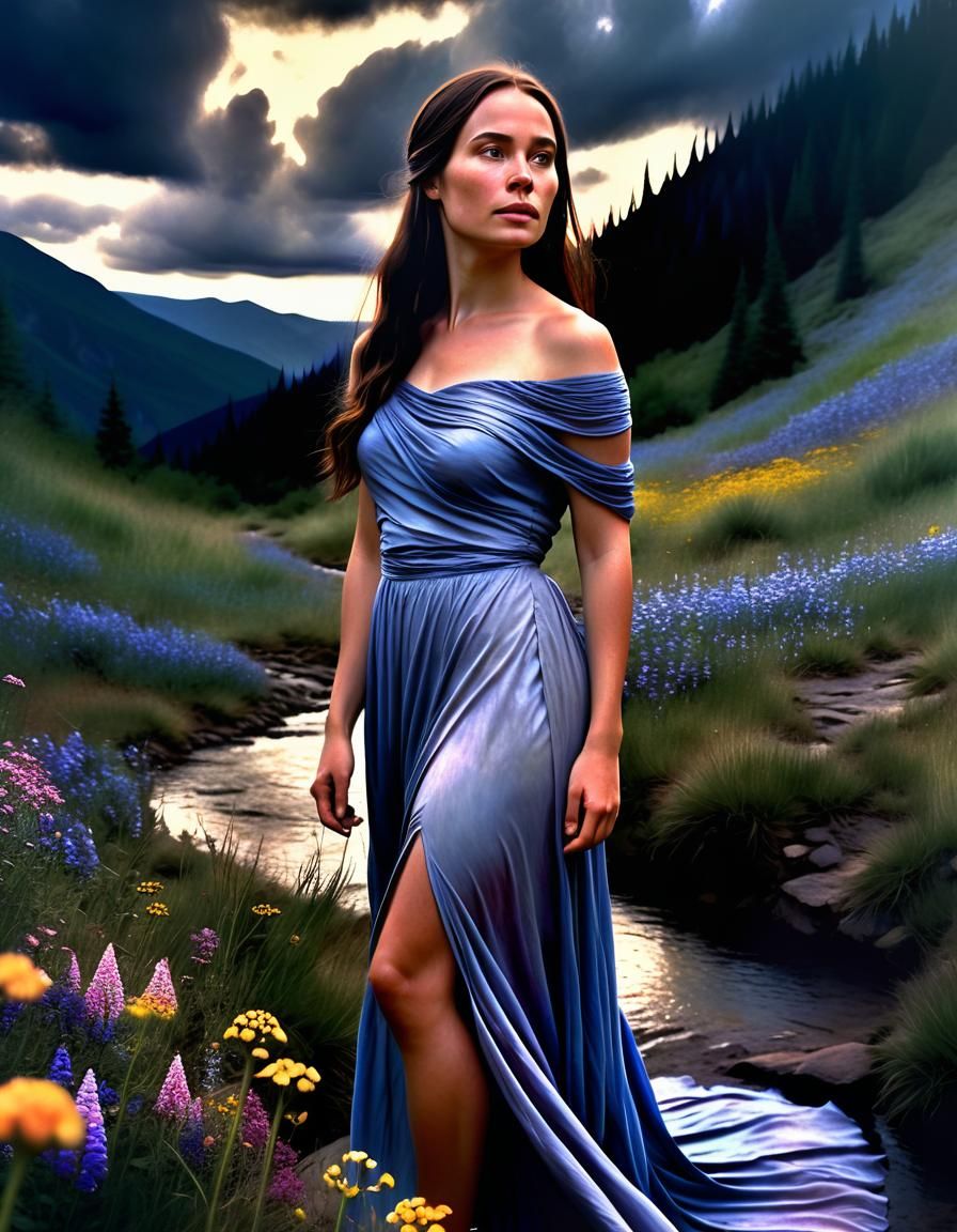 Renaissance Woman in Rocky Stream: Oil on Canvas