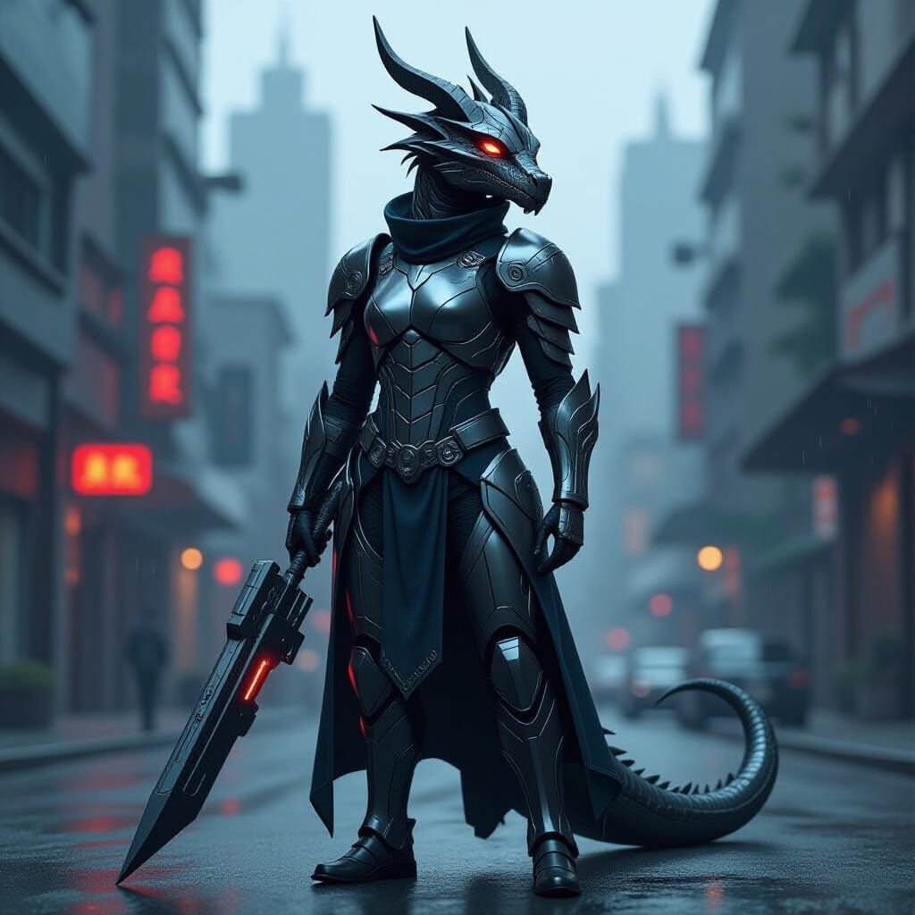 Armored Dragon Over Cityscape in Futuristic Style