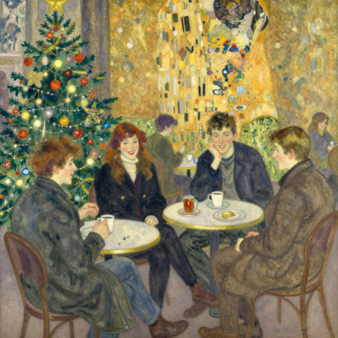Cozy Cafe Scene: Impressionist Christmas Gathering