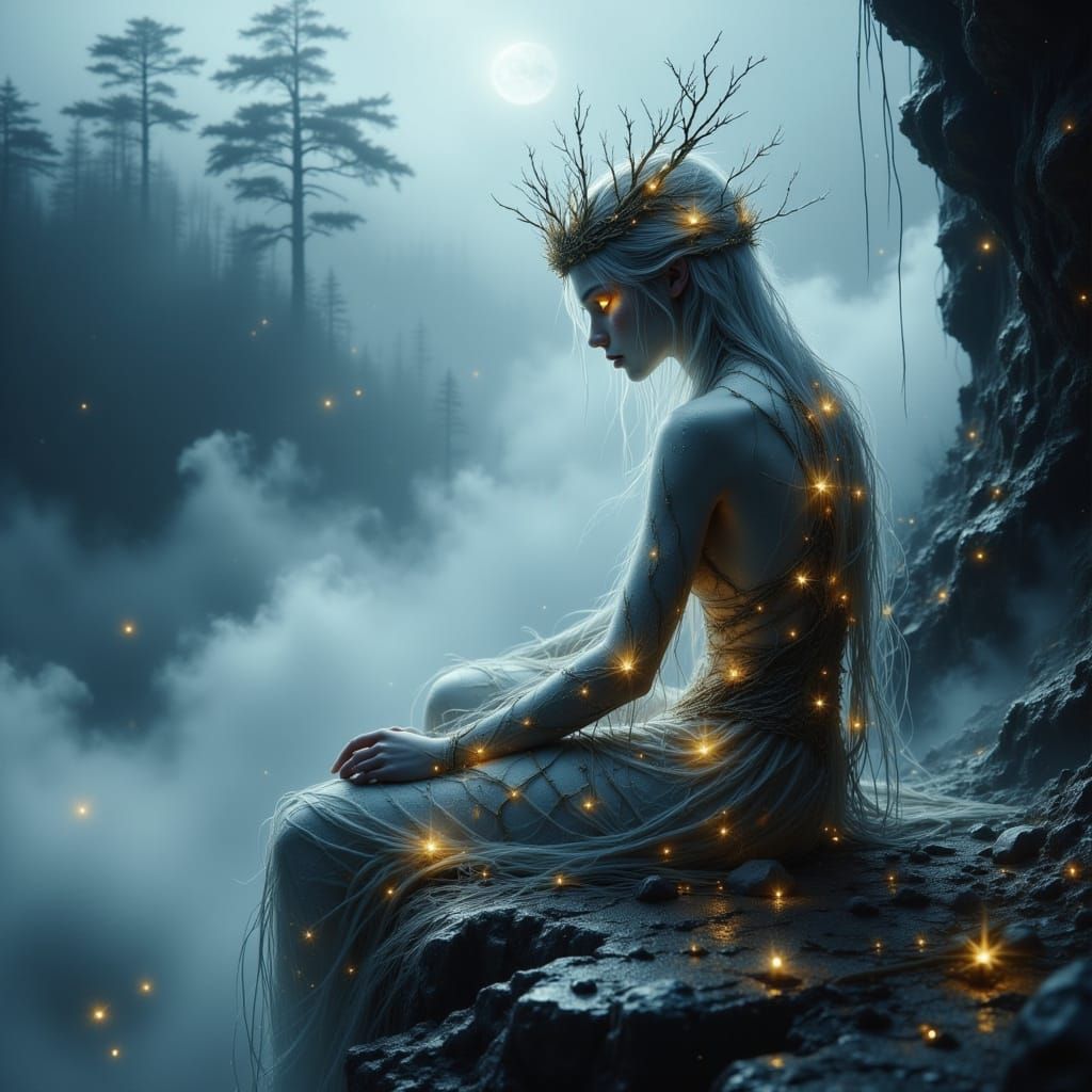 Ethereal Woman at Mystical Waterfall in Hyperrealism