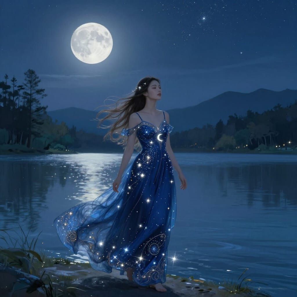 Woman Walking by Moonlit Lake in Fantasy Painting
