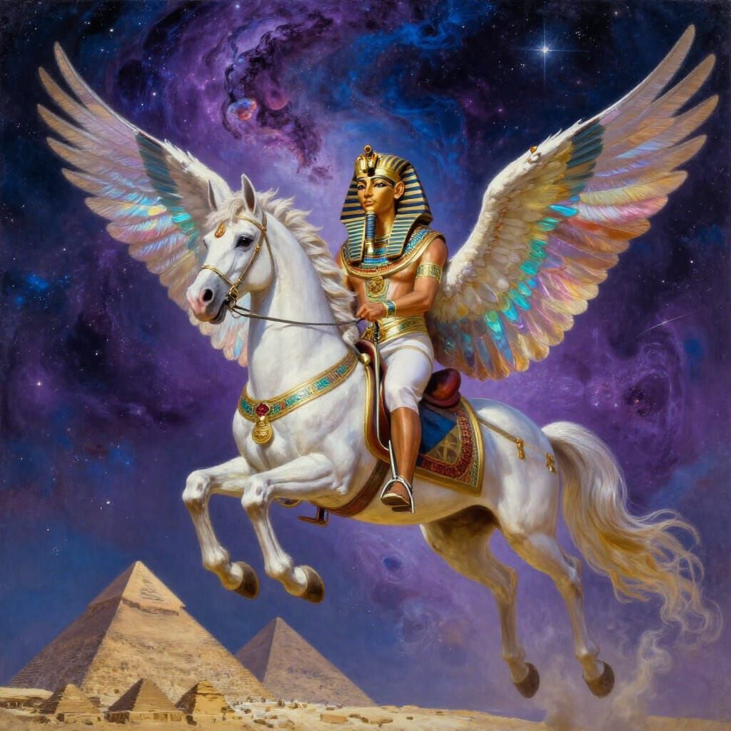 Pharaoh Tutankhamun Rides Pegasus Through Celestial Sky