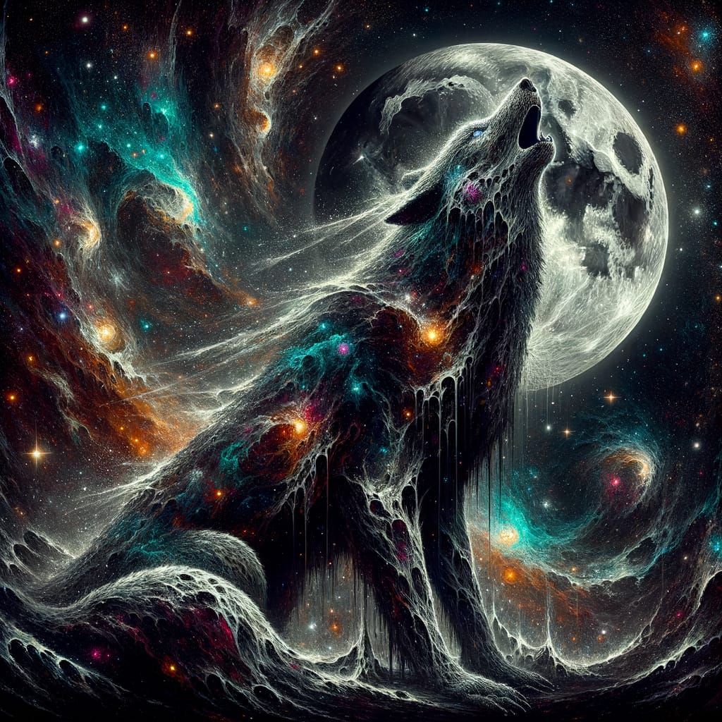 Cosmic Wolf Howling at Fractured Moon in Dark Fantasy Style