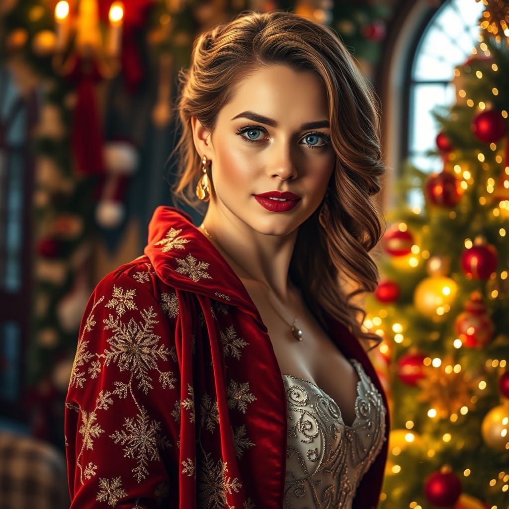 Regal Christmas Woman in Vibrant, Hyperrealistic Holiday Sce...