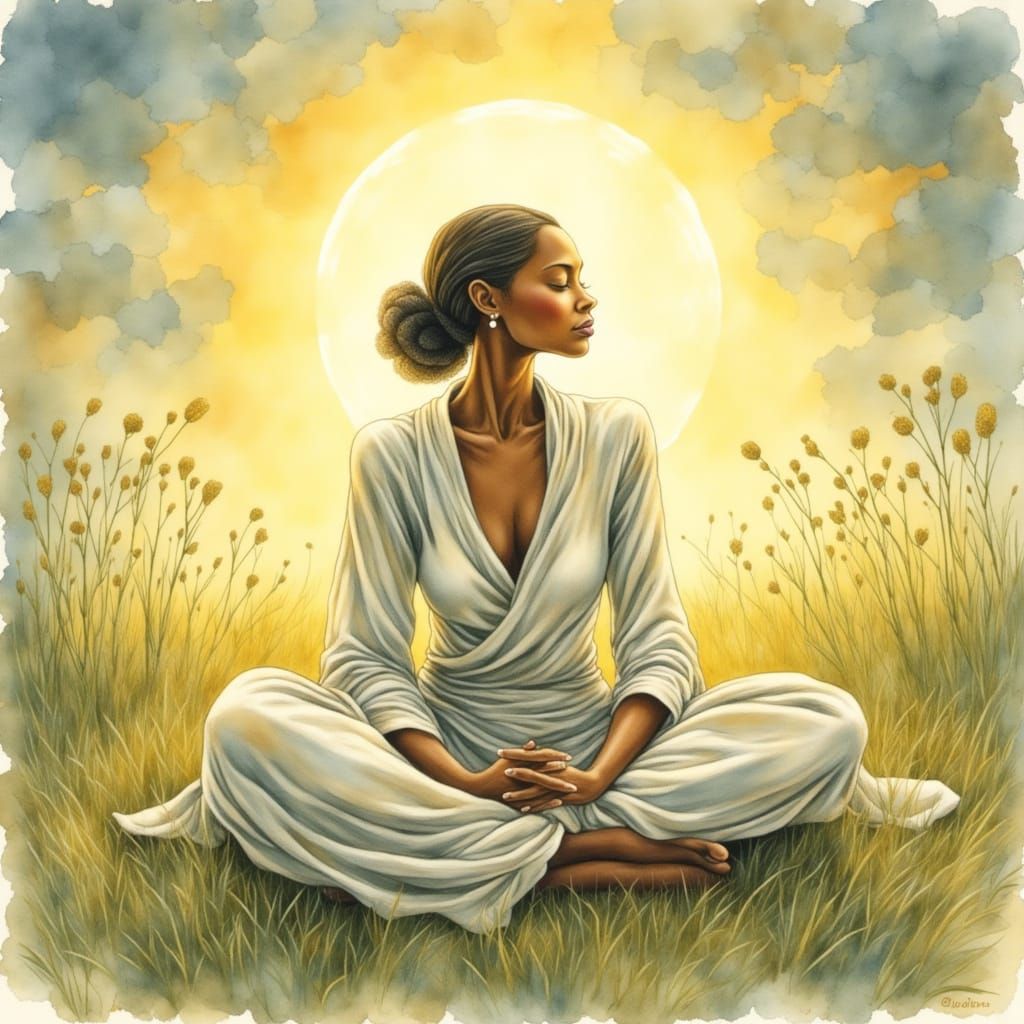 Serene Yogi in Golden Light: Ethereal Watercolor Art