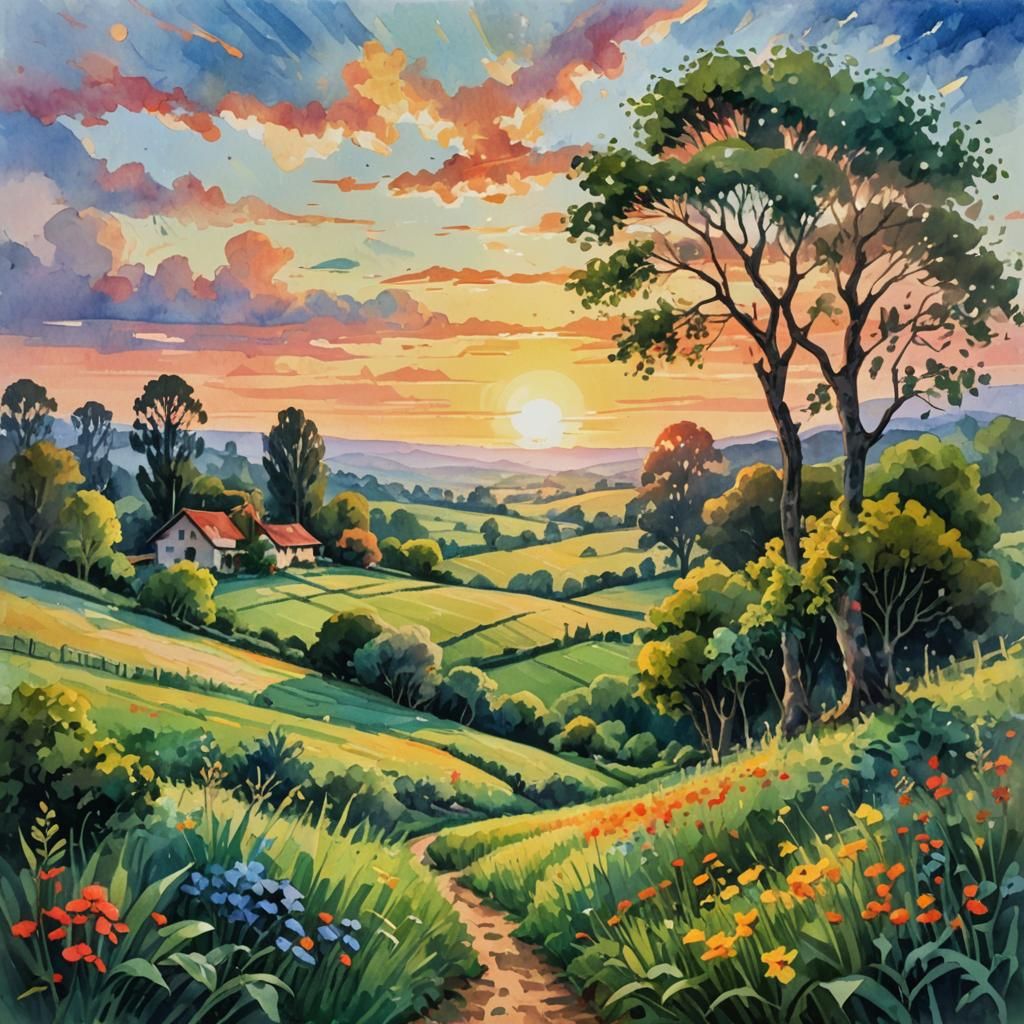 Lush Countryside Sunrise in Gouache Watercolor Style