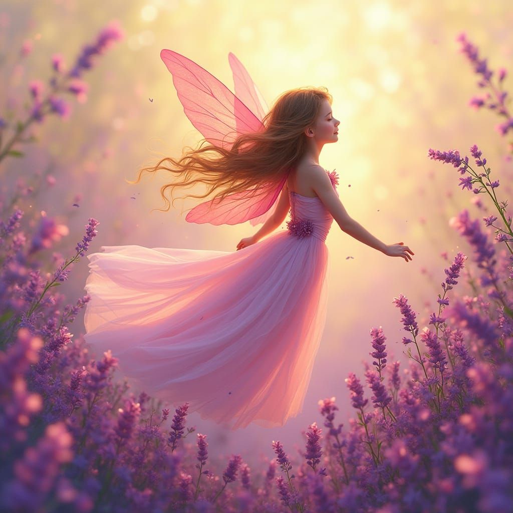 Flower Fairy Over Lavender Field, Whimsical Digital Art