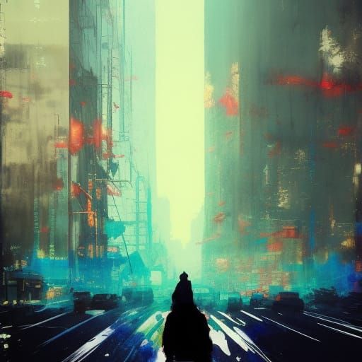 Surreal Cityscape with Shadow Figures in Gothic Style