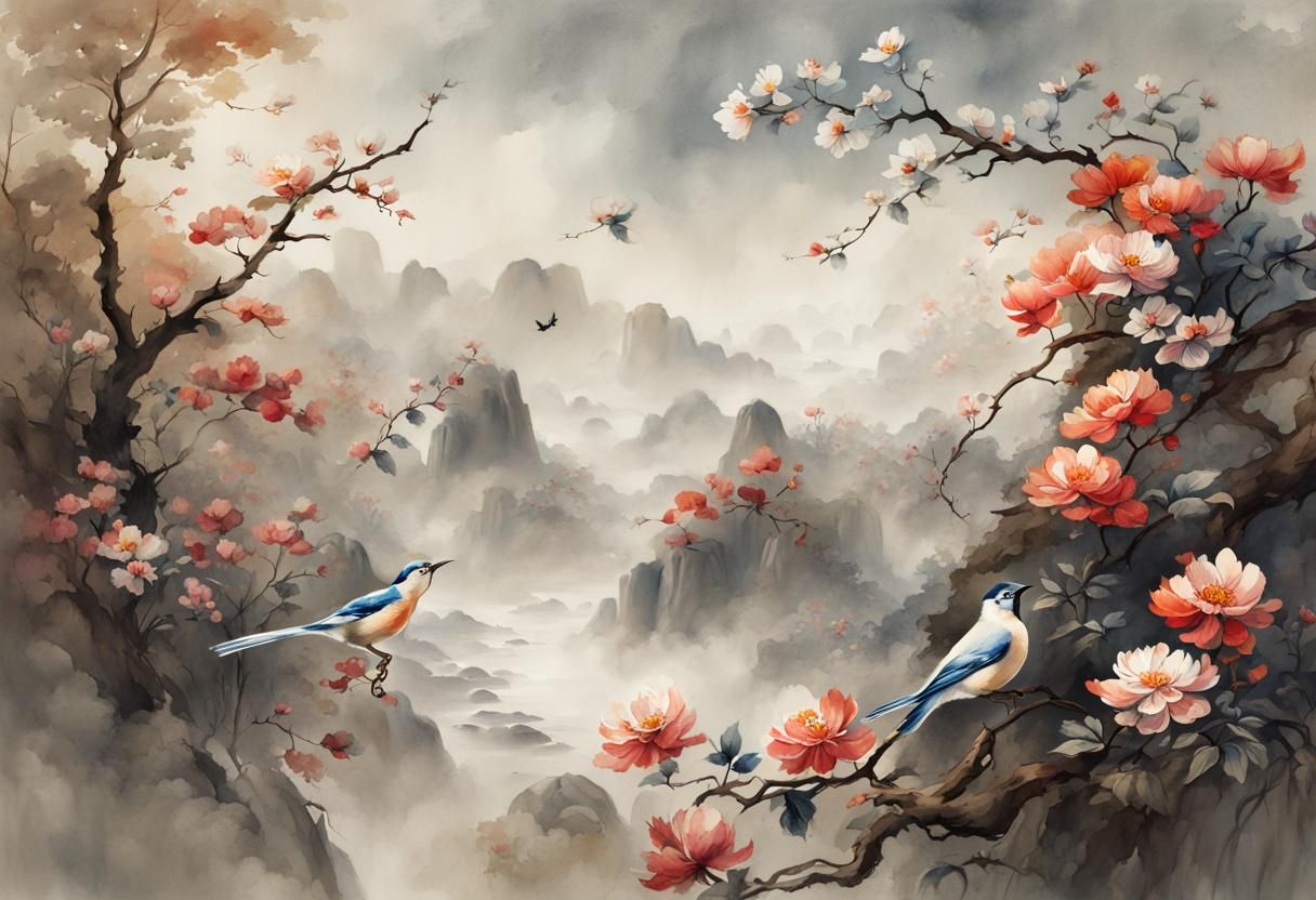 Chinese Brushstroke Flowers and Bird Watercolor Painting