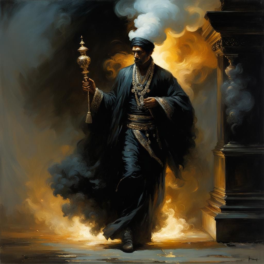 Ethereal Dark Figure Emerges from Genie Lamp