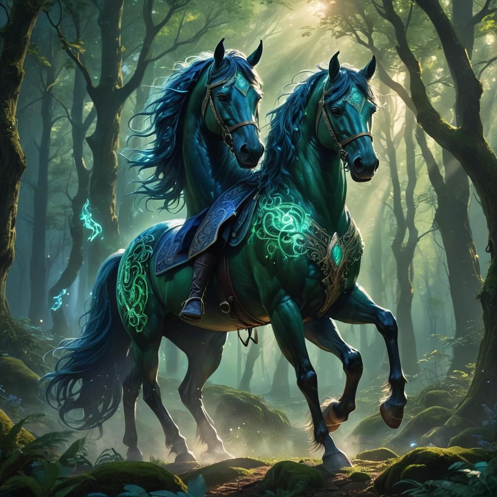 Majestic Runed Horse in Emerald Forest: Fantasy Art
