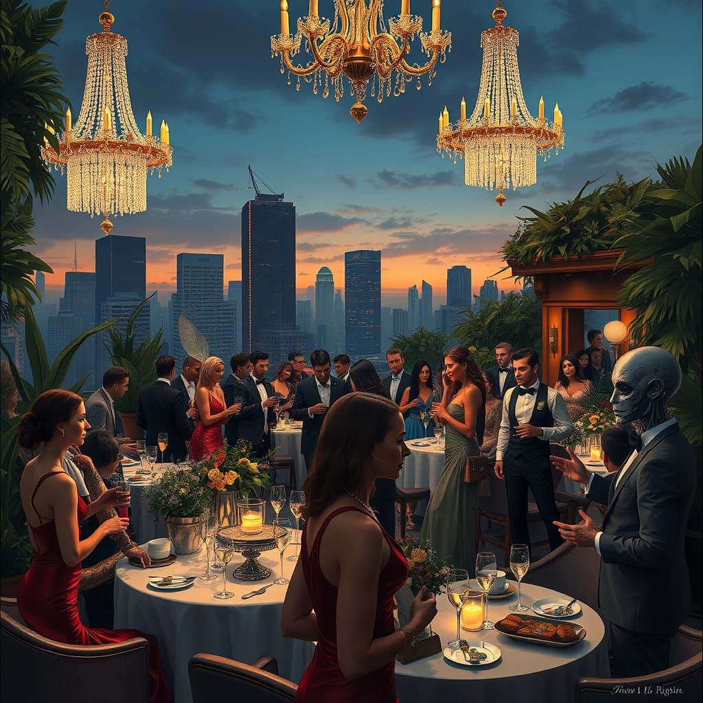 Luxurious Rooftop Garden Party in Cyberpunk Style