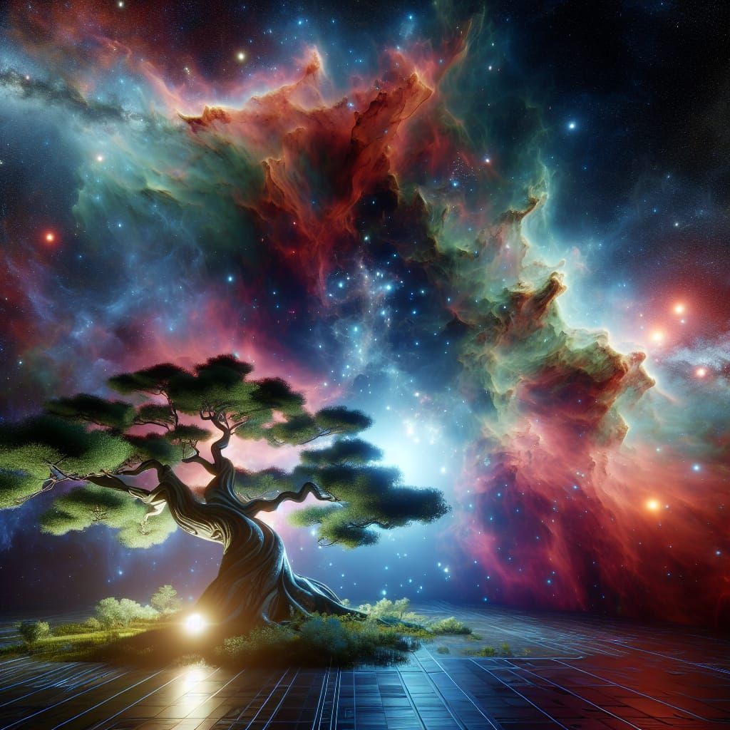 Cosmic Bonsai Nebula with Spaceship