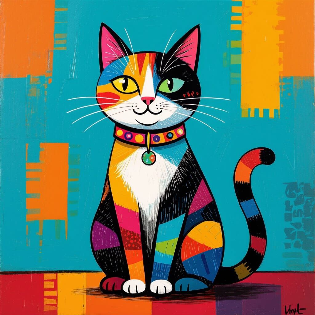 Colourful Cat Portrait in Naive Folk Art Style