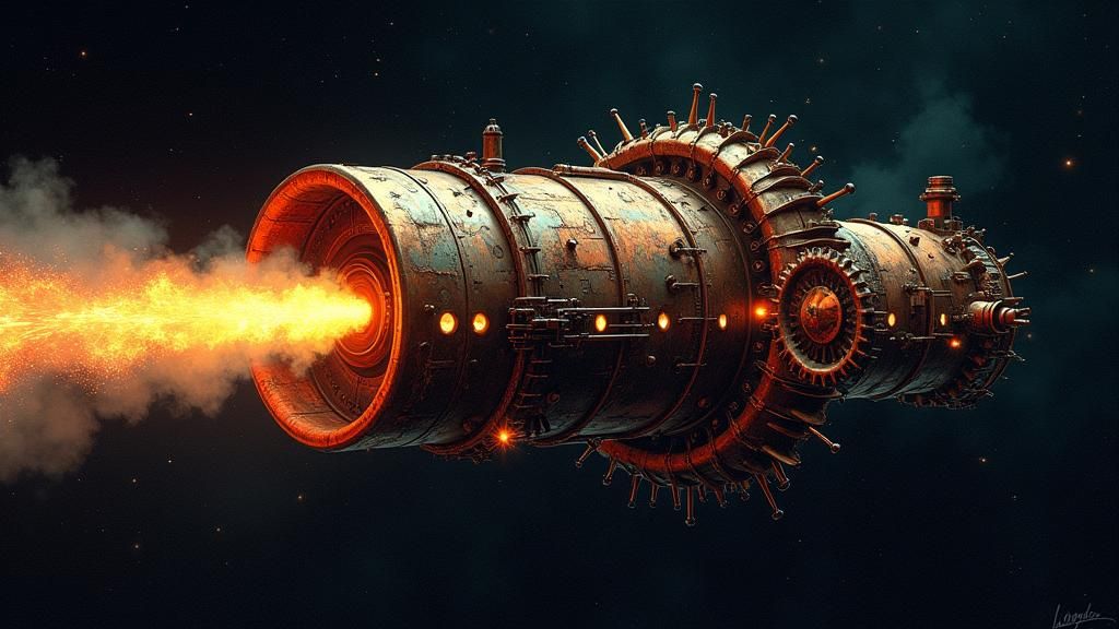 Steampunk Turbine Emitting Iridescent Particles in Dark Spac...