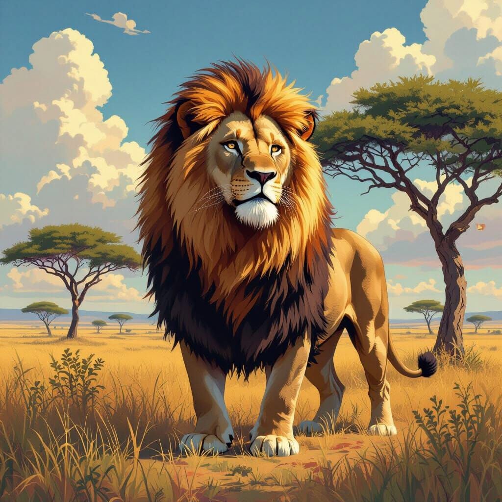 Majestic Lion in Savannah Landscape, Sci-Fi Art
