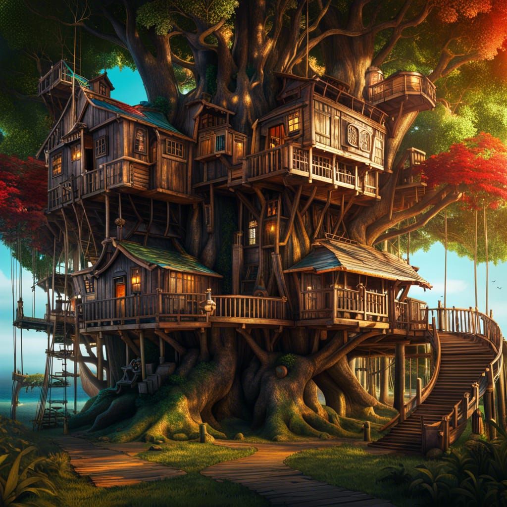 Hyperrealistic Pirate Ship Treehouse Splash Art