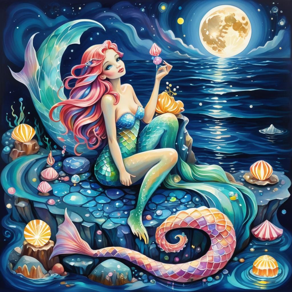 Cyber Mermaid on Diamond Stone in Gouache Style