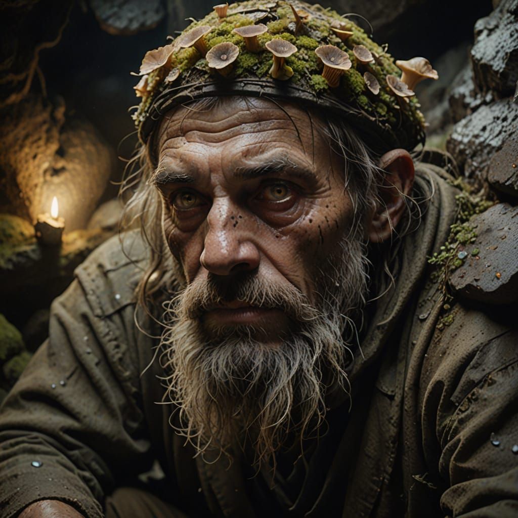 Mystical Cave Dweller in Dimly Lit Atmosphere