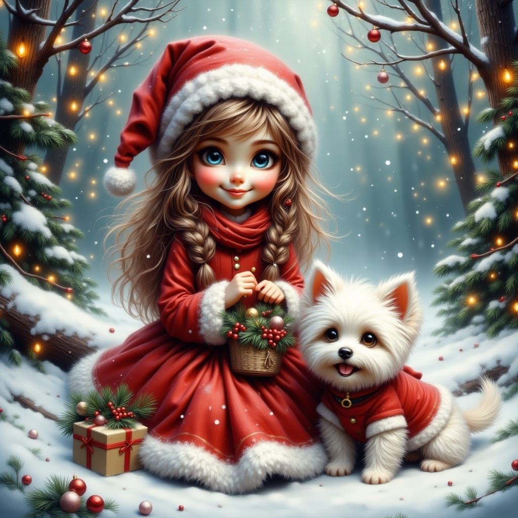 Cheerful Girl in Snowy Forest with Dog