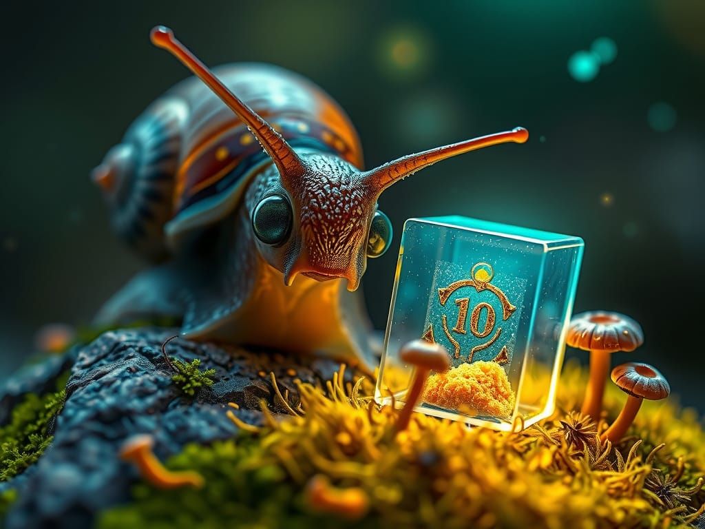 Snail Peeking in Bioluminescent Micro-World, Dreamlike Style