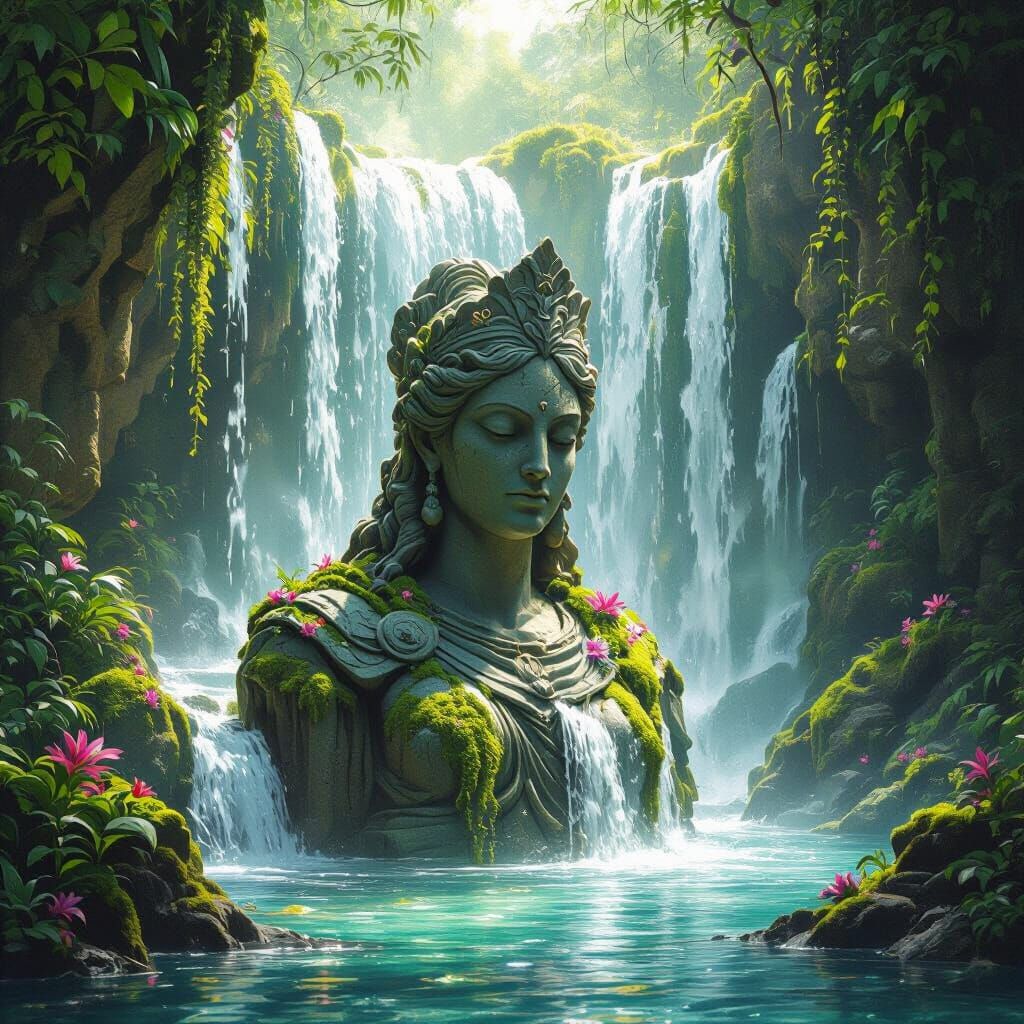 Warrior Queen Statue in Jungle Waterfall, Fantasy Concept Ar...
