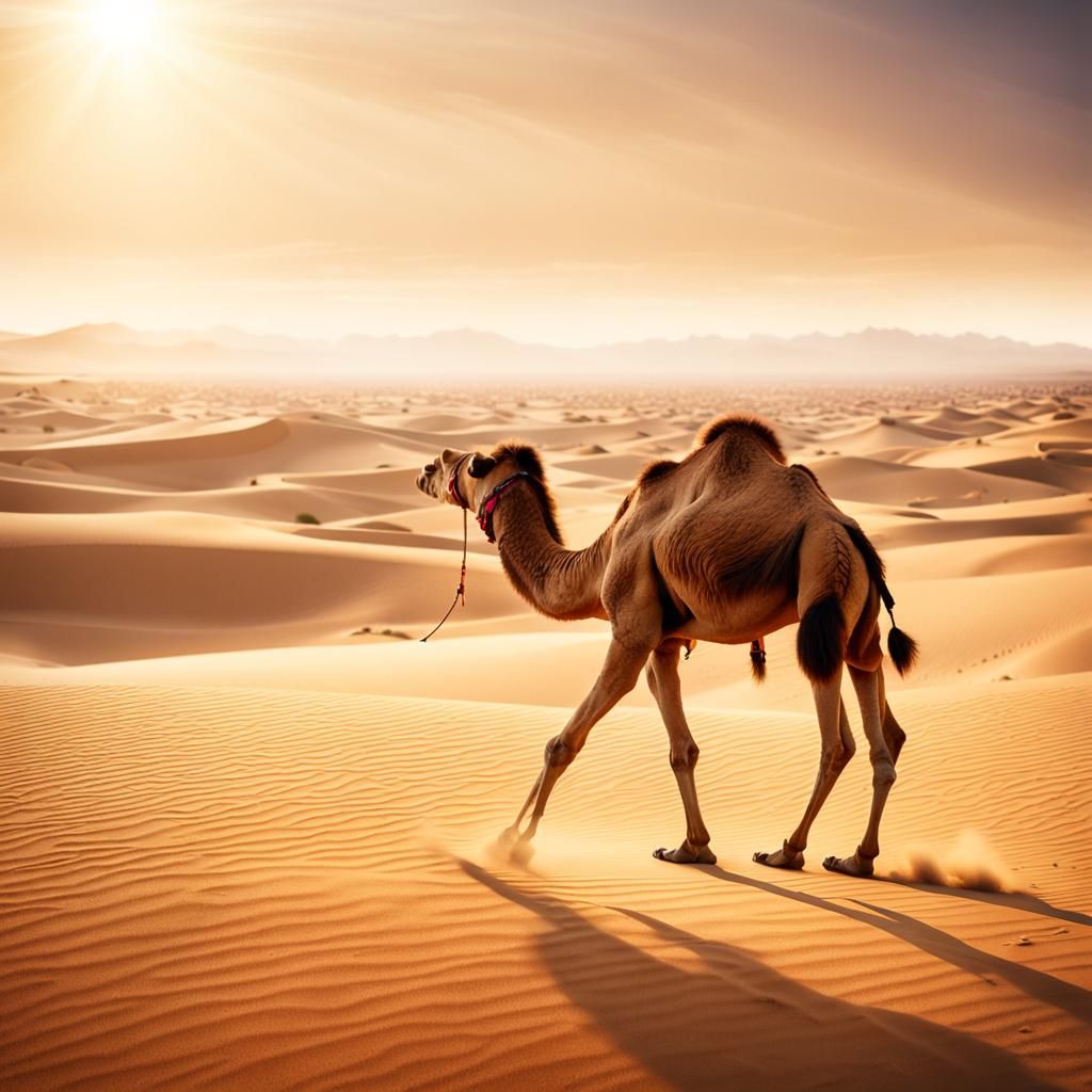 Camel Walks Across Desert Dunes in Golden Light