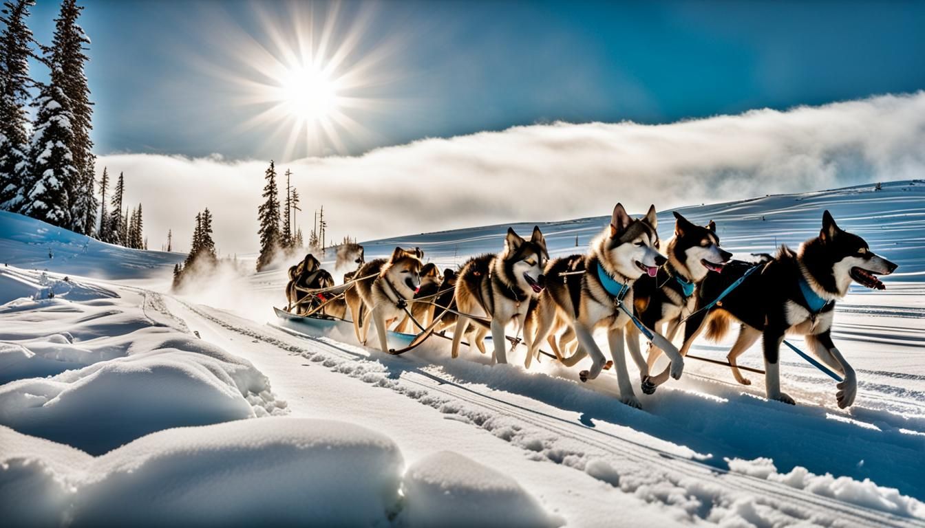 Dog Sledding Team on Icy Trail with Glass Mountain