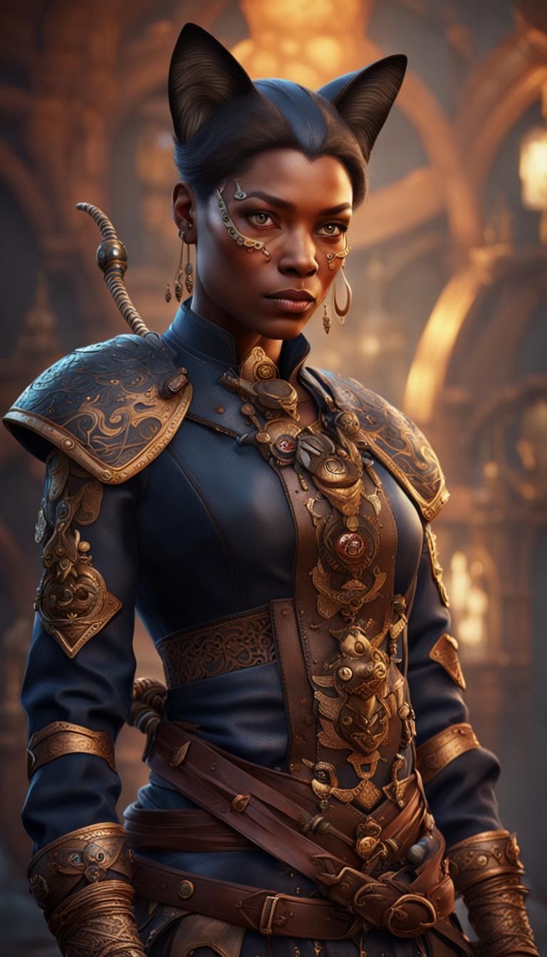 Calico Tabaxi Woman Portrait in Detailed Matte Painting