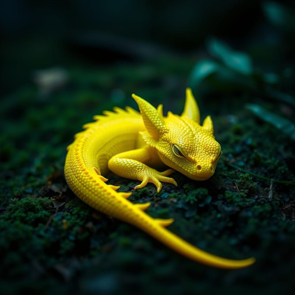 Neon Dragon Hatchling Sleeps in Mossy Forest