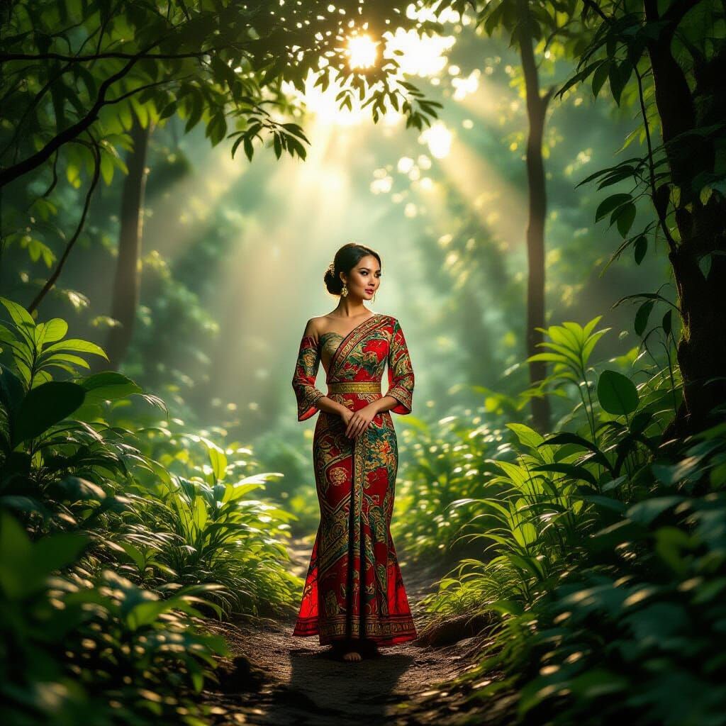 Malaysian Woman in Batik Dress at Rainforest Dawn